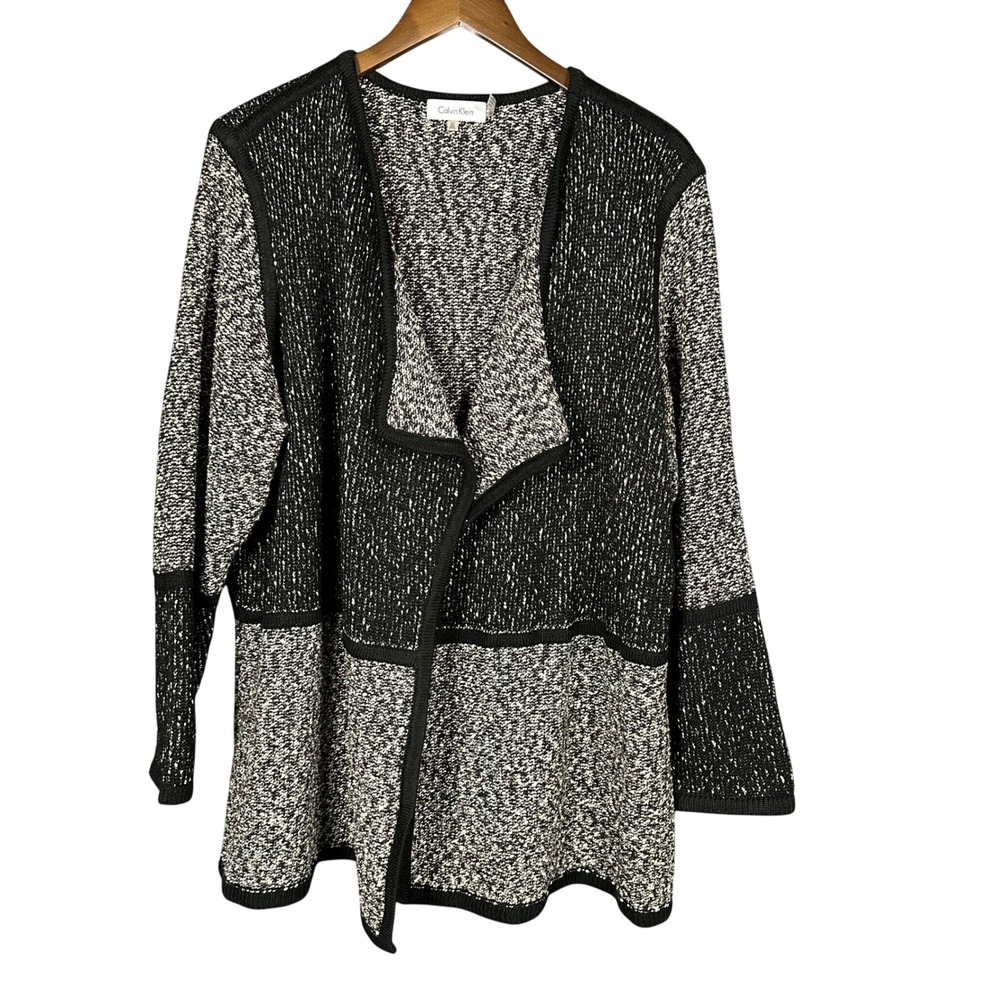 Calvin Klein Colorblock Tweed Open Front‎ Cardigan Sweater Plus 2X Black Cream